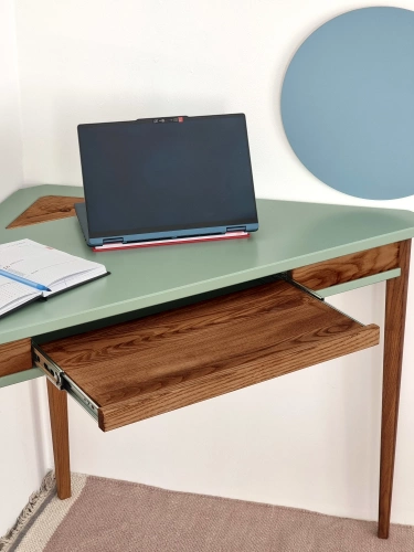 ASHME Eckschreibtisch 114x85cm Tastaturschublade Eiche Salbeigrün 
