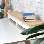 JUBI 109 cm monitorstandaard met lades, wit essen